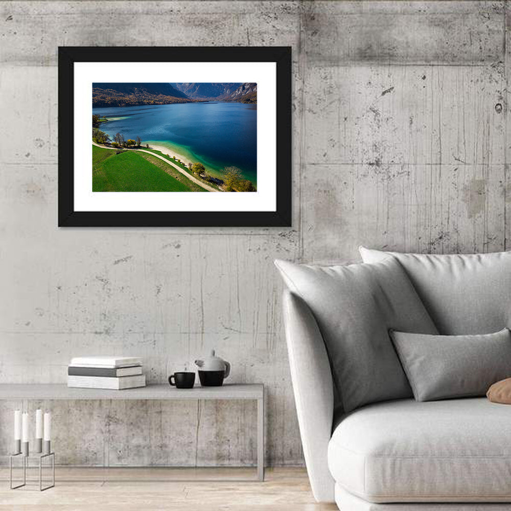 Bohinj Lake Shoreline Wall Art in a room, landscape