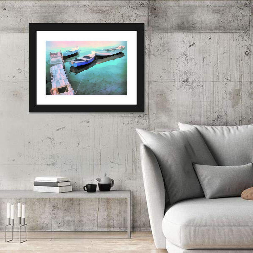 Two Boats by a Wooden Dock Wall Art in a room, landscape