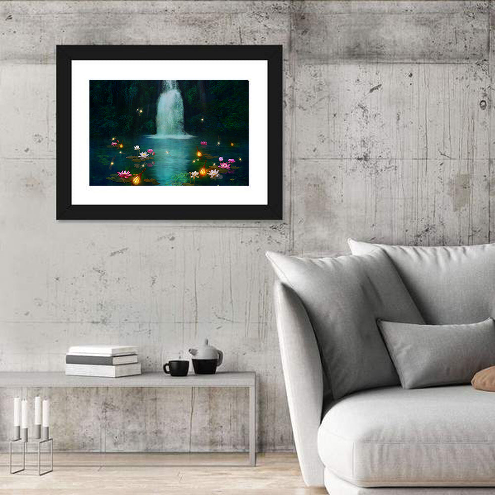 Moonlit Lotus Pond and Waterfall Wall Art in a room, landscape