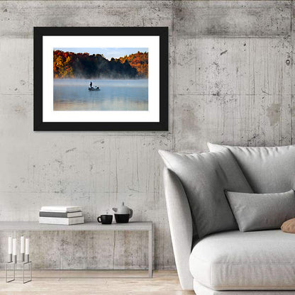 Misty Lake Fisherman Silhouette Wall Art