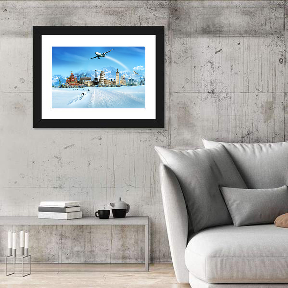 Global Landmarks Collage Wall Art in a room, landscape