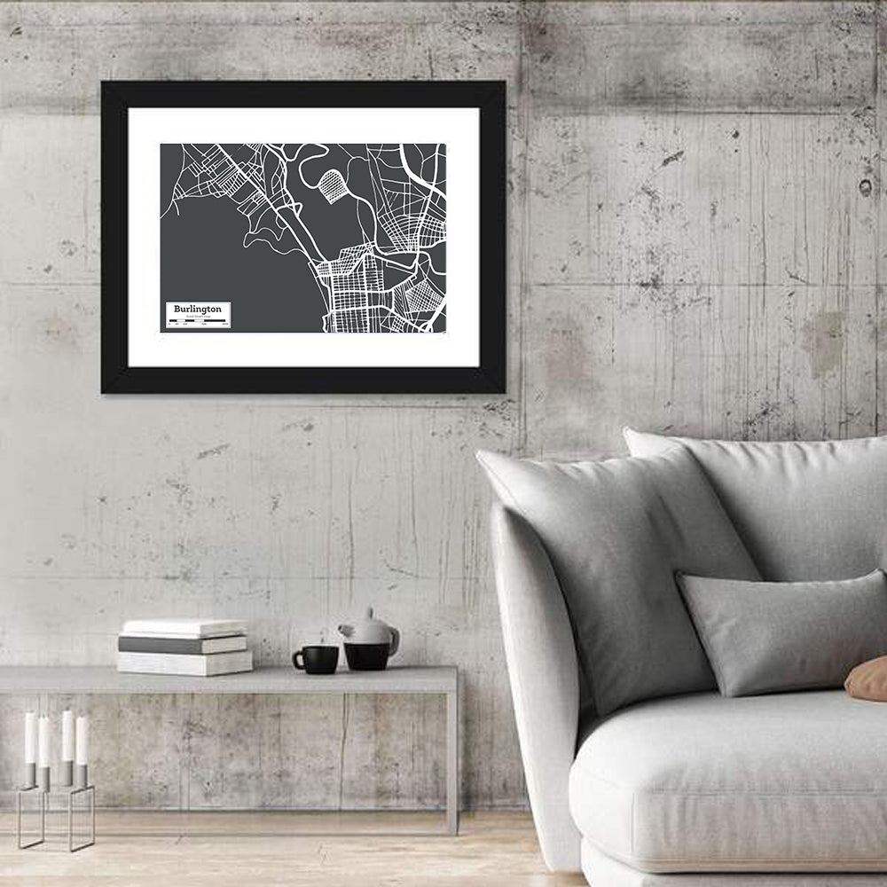 Burlington Vermont Street Grid Map Wall Art in a room, landscape