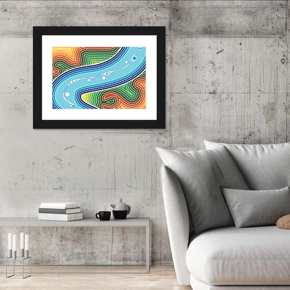 Aboriginal River Dot Wall Art in a room, landscape