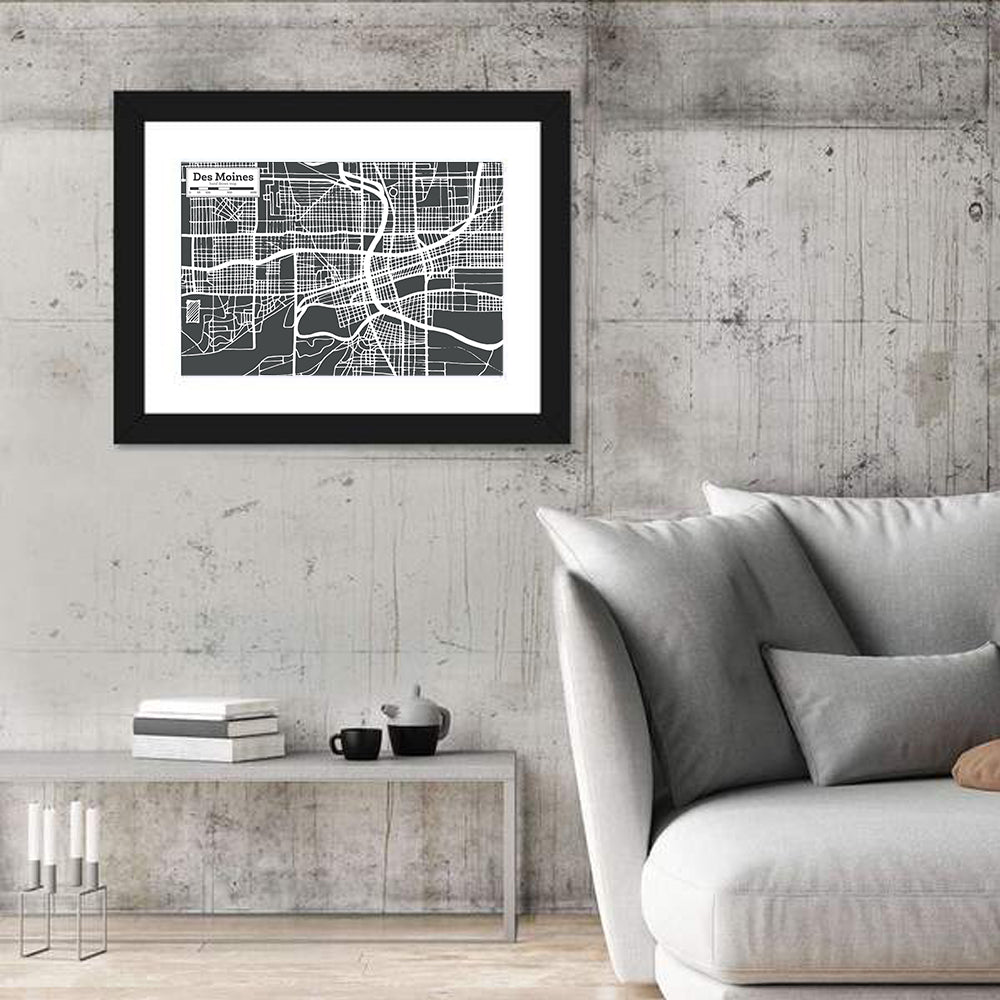 Des Moines Grid Map Wall Art in a room, landscape