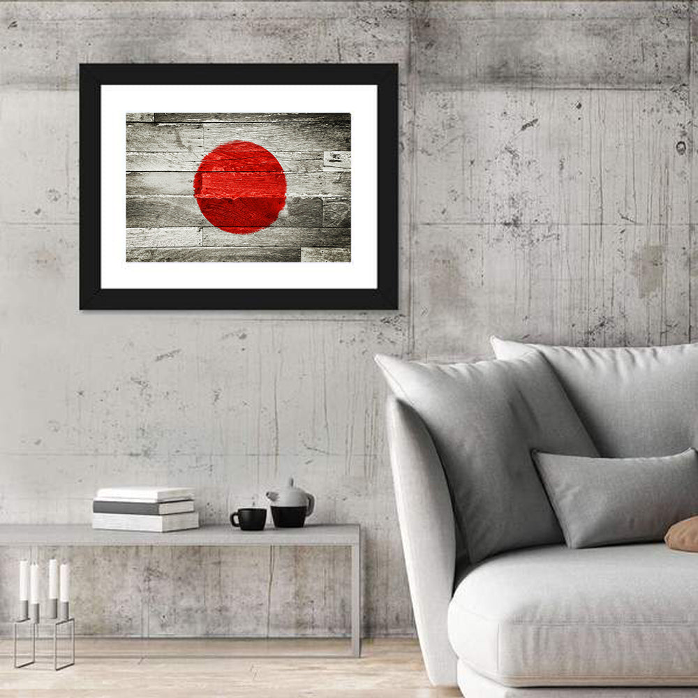 Japanese Flag on Distressed Wood Wall Art in a room, landscape