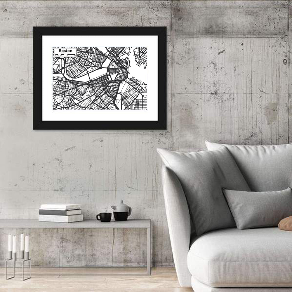 Boston Street Network Map Wall Art in a room, landscape