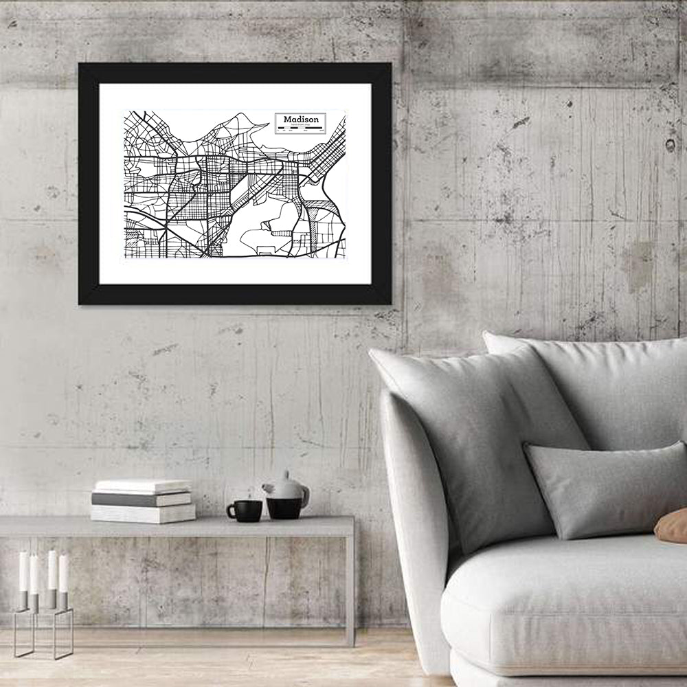 Hand Drawn Madison City Map Wall Art in a room, landscape