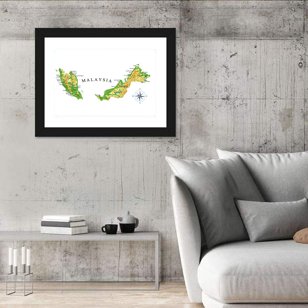 Malaysia Topographic Map Wall Art in a room, landscape