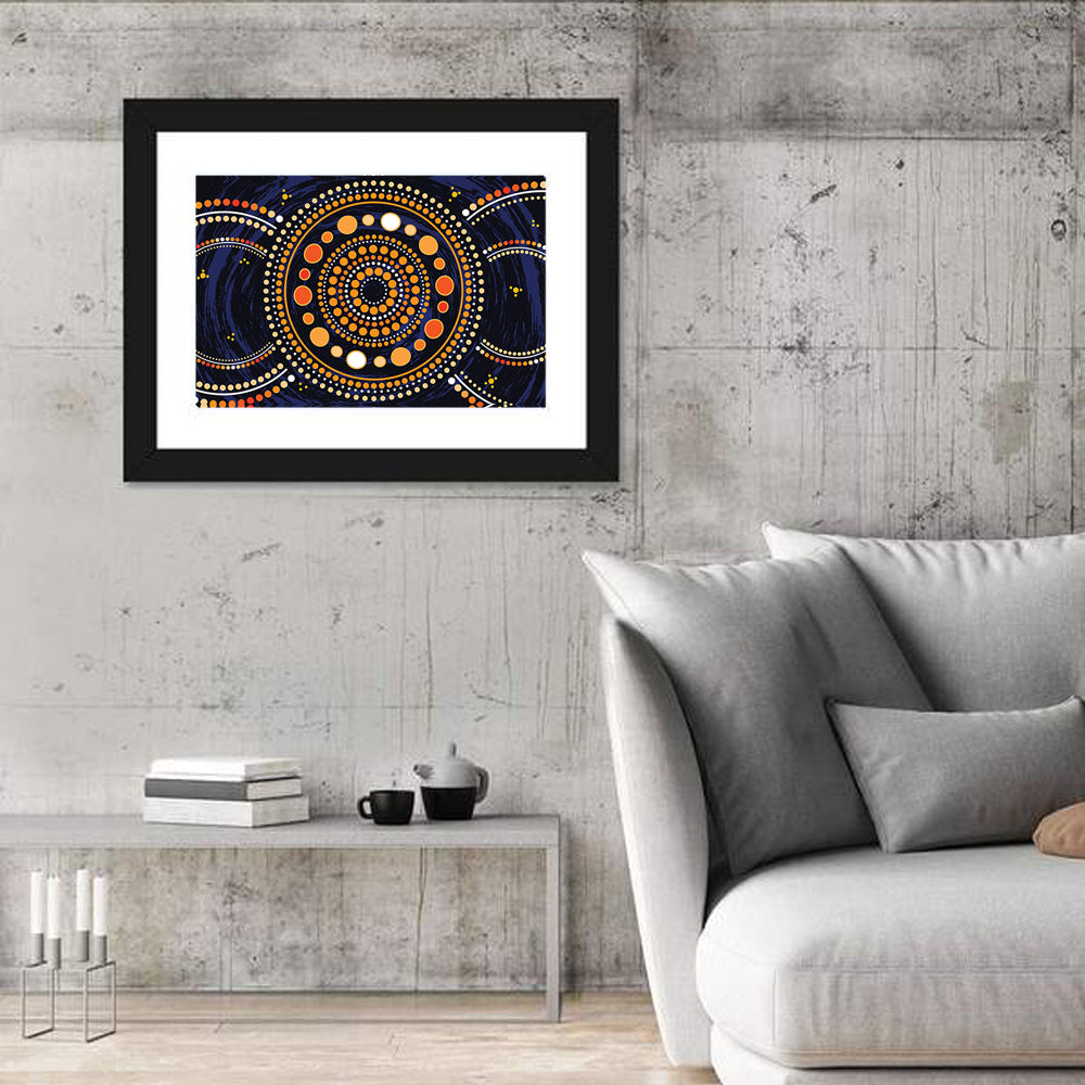 Aboriginal Dot Illustration Wall Art in a room, landscape