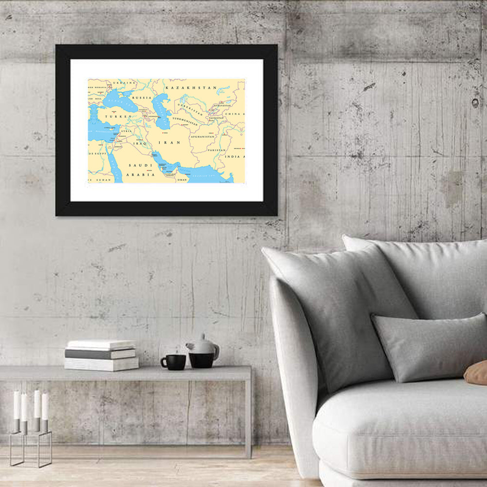 Southwest Asia Political Map, Cartographic Wall Art in a room, landscape