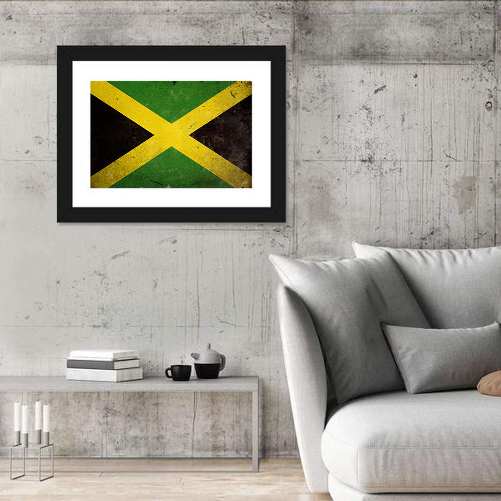 Distressed Jamaican Flag Wall Art in a room, landscape