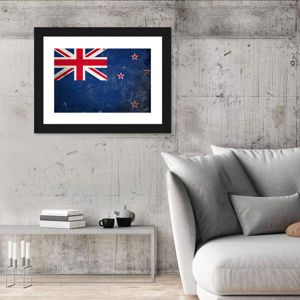 Vintage New Zealand Flag Wall Art in a room, landscape
