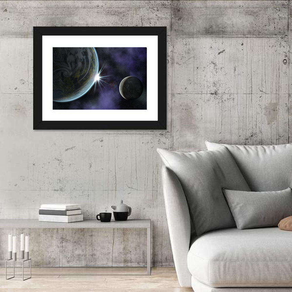 Twin Planets Sunrise Wall Art in a room, landscape