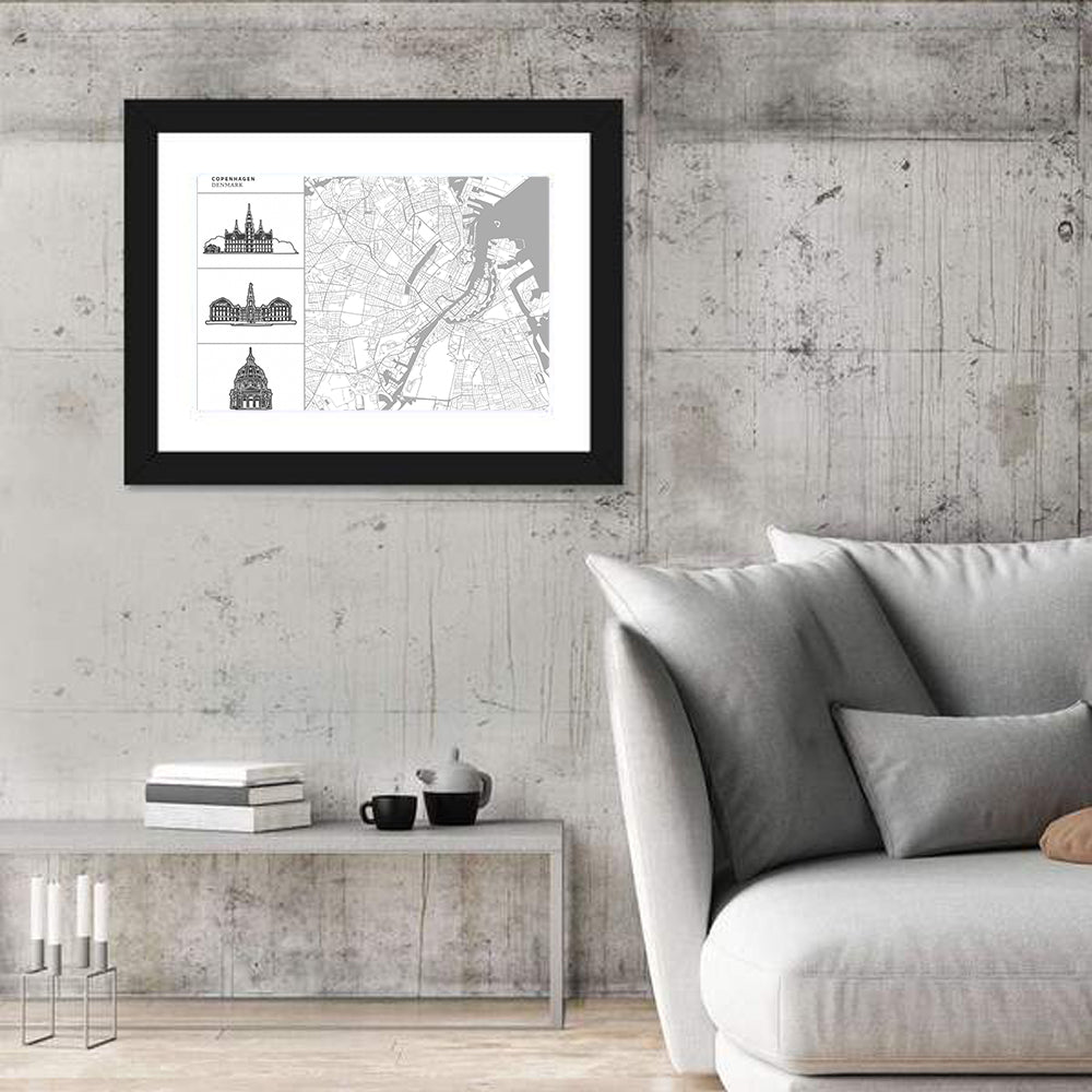 Copenhagen Map with Architectural Silhouettes Wall Art in a room, landscape