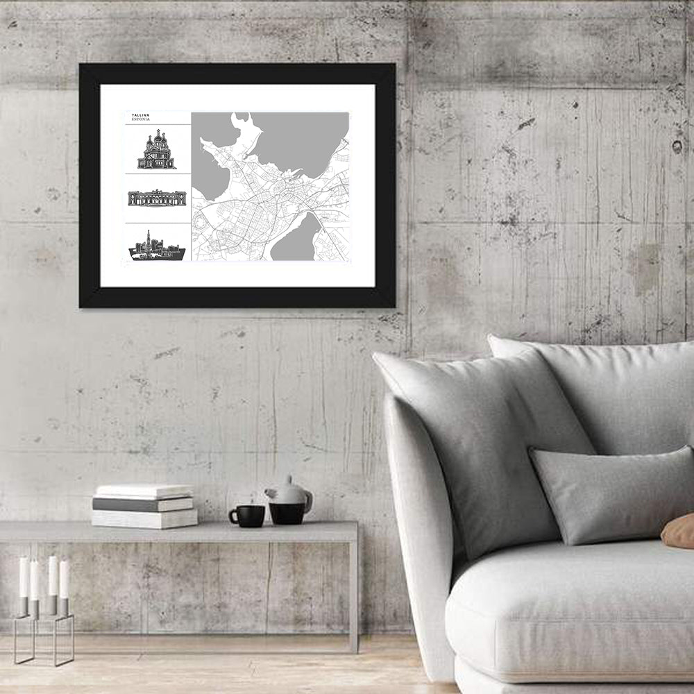 Tallinn Map with Cathedral and Palace Wall Art in a room, landscape