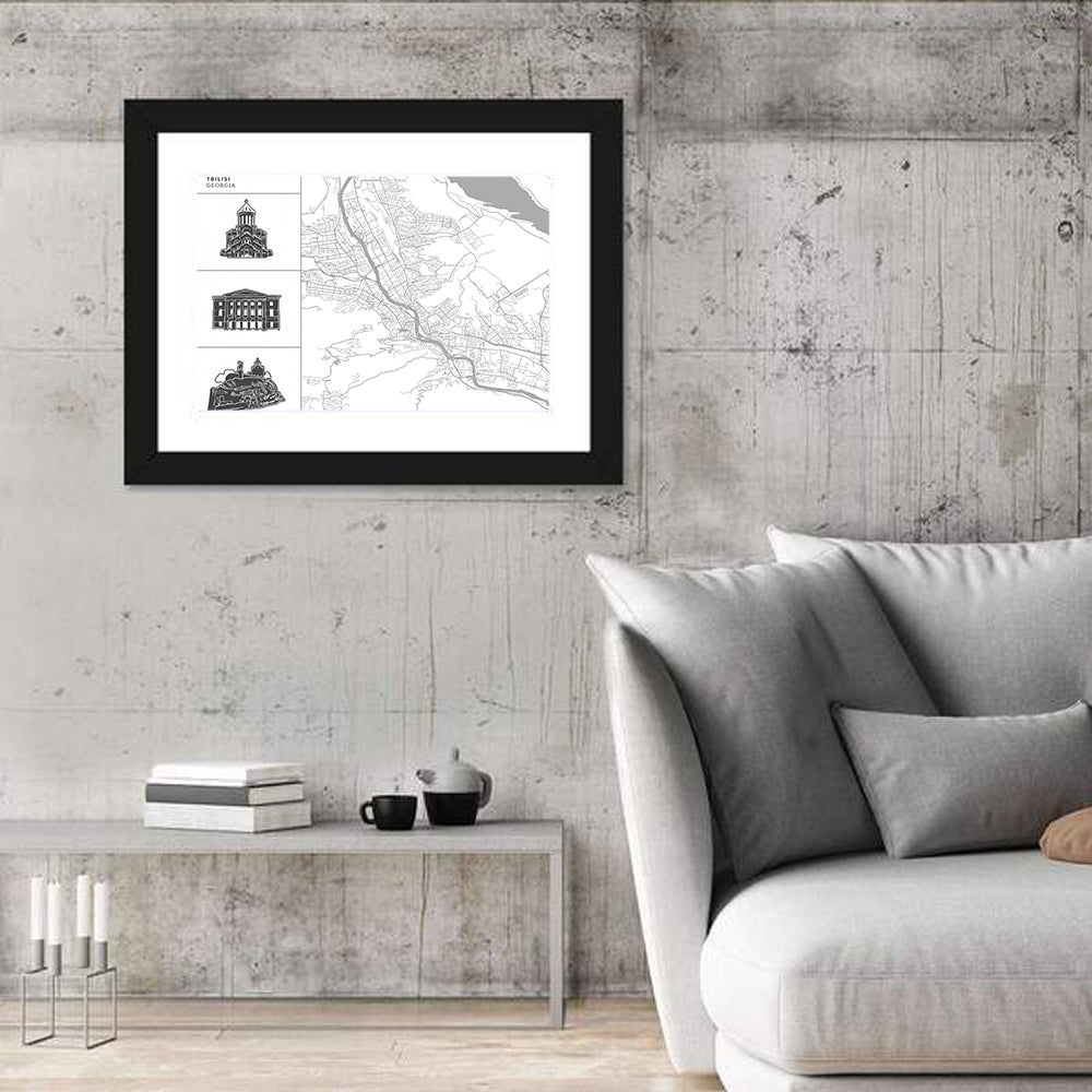 Tbilisi Map with Architectural Sidebar Wall Art in a room, landscape