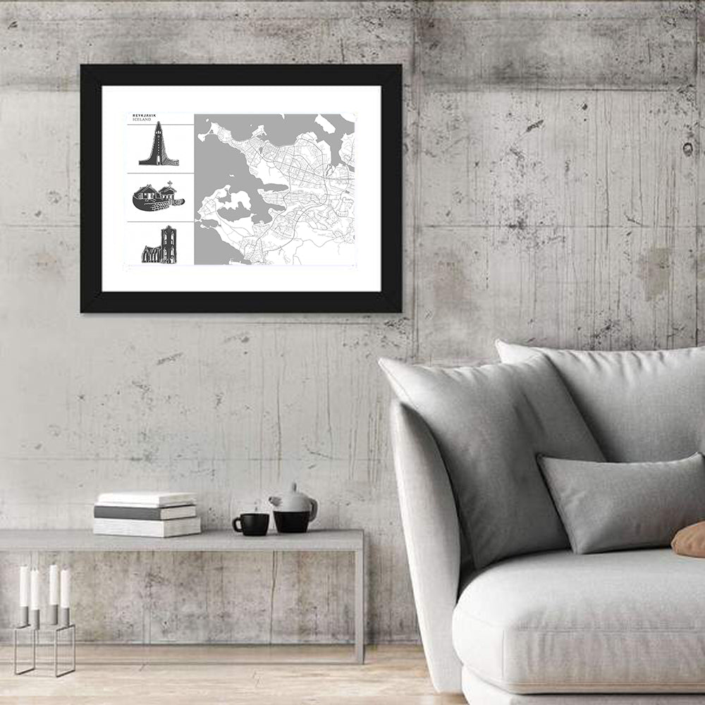 Reykjavik Map with Hallgrimskirkja Wall Art in a room, landscape