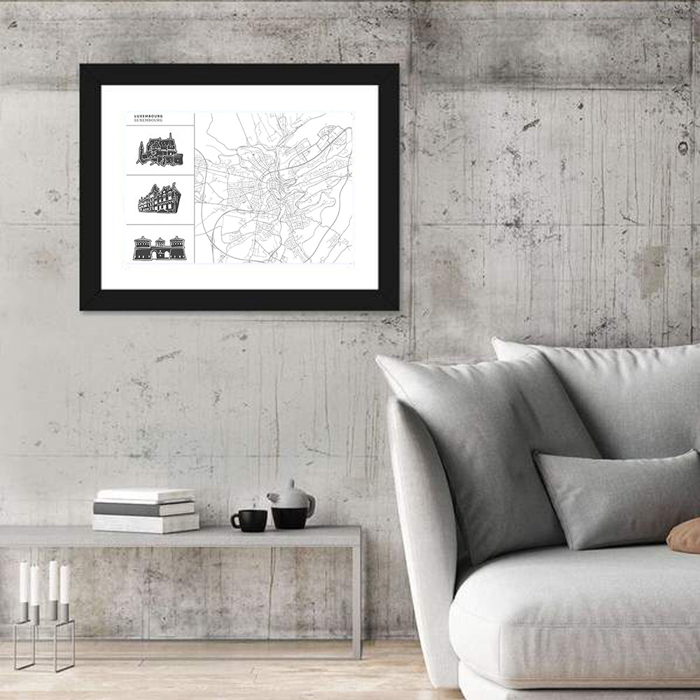 Luxembourg City Map with Landmark Sketches Wall Art in a room, landscape