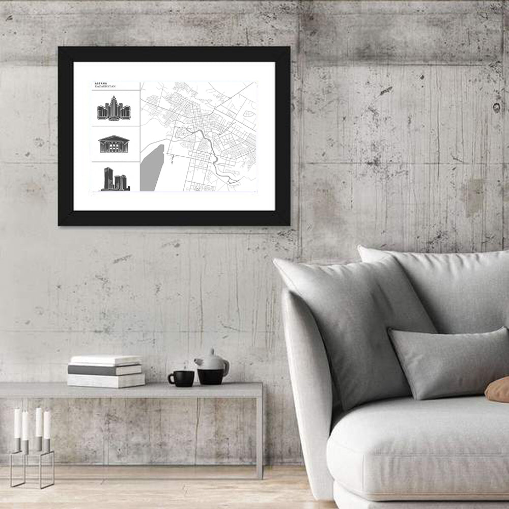 Astana Map with Landmarks Wall Art in a room, landscape