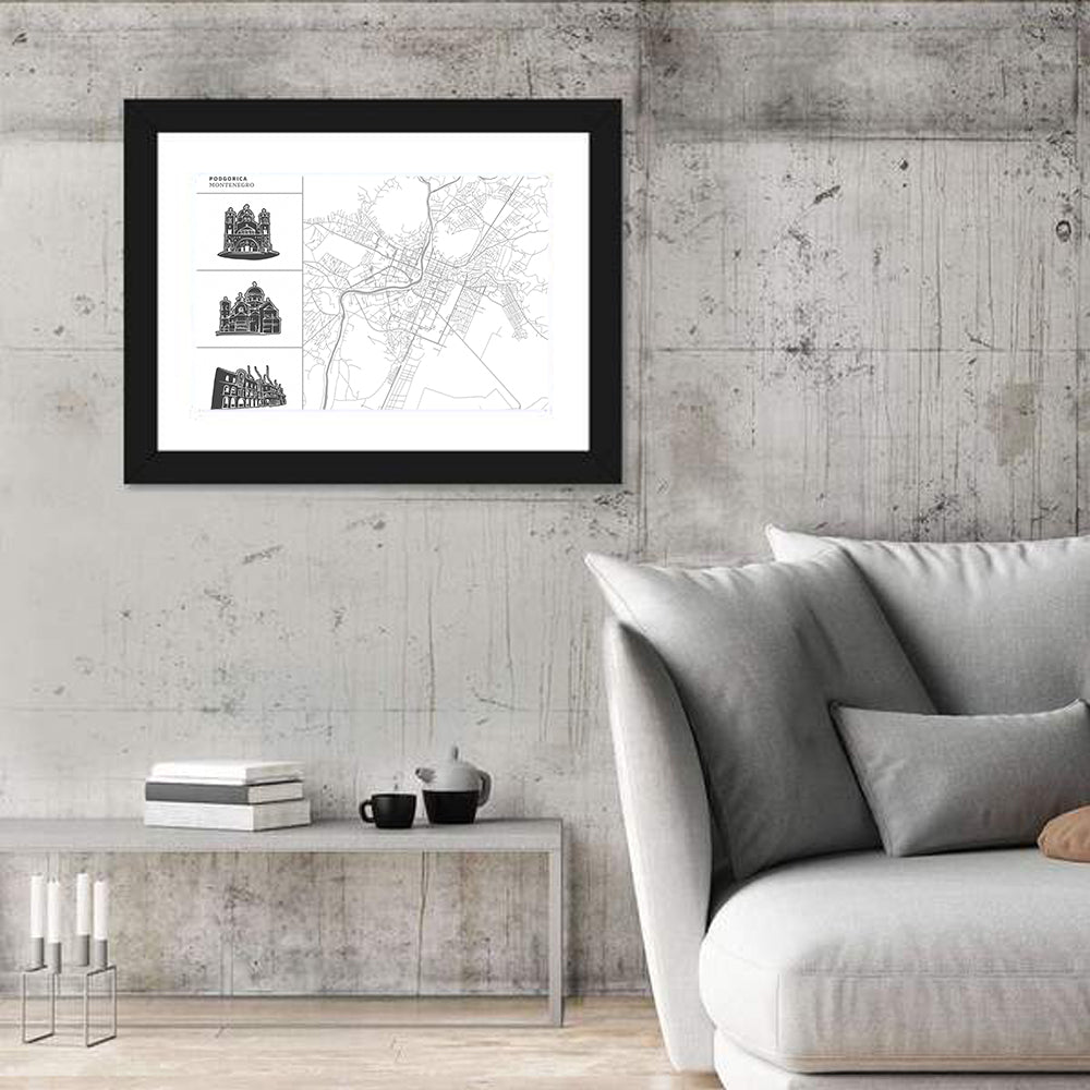 Podgorica Architectural City Map Wall Art in a room, landscape