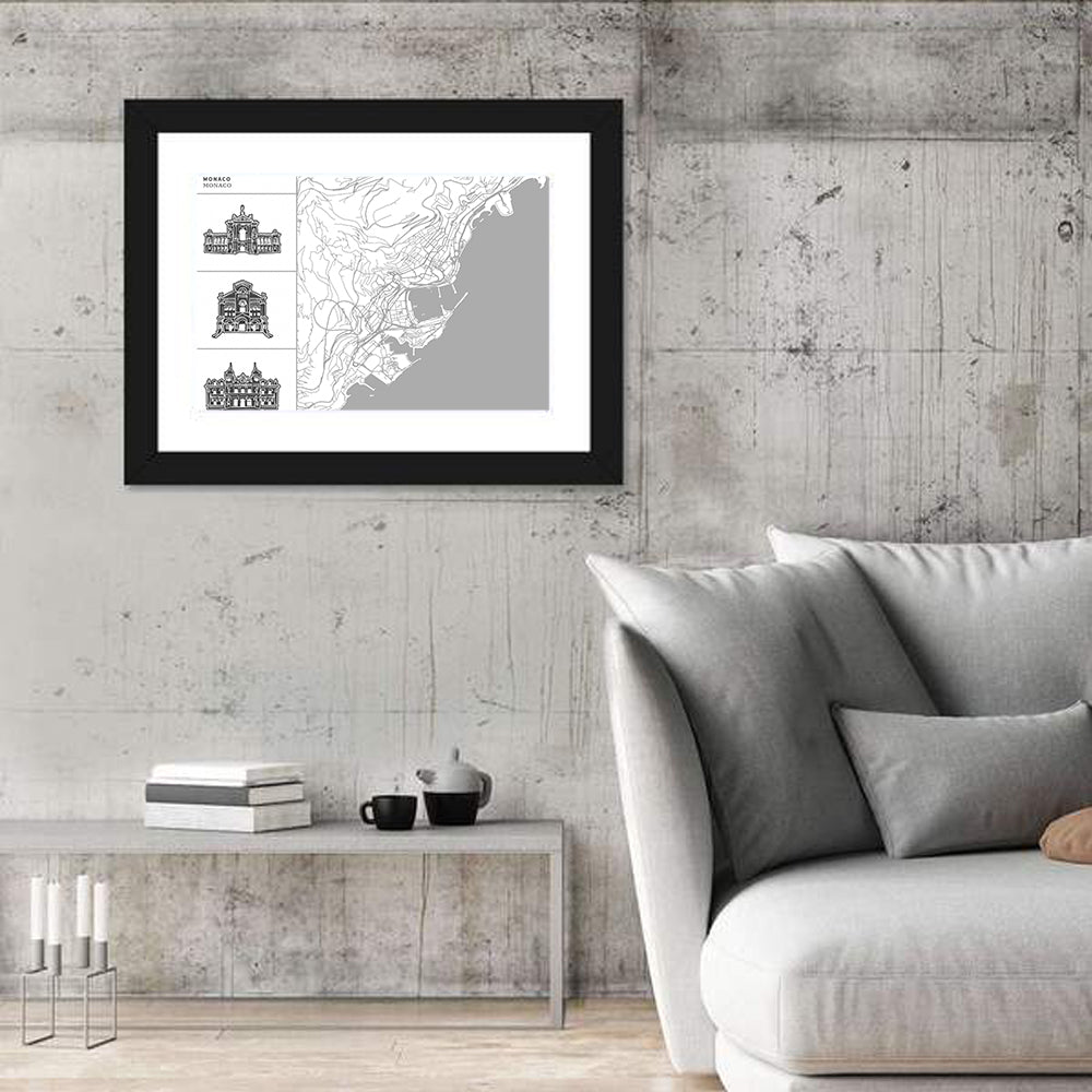 Monaco Map with Architectural Icons Wall Art