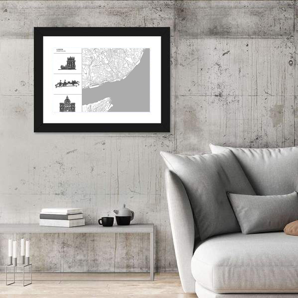 Lisbon Map with Architectural Icons Wall Art