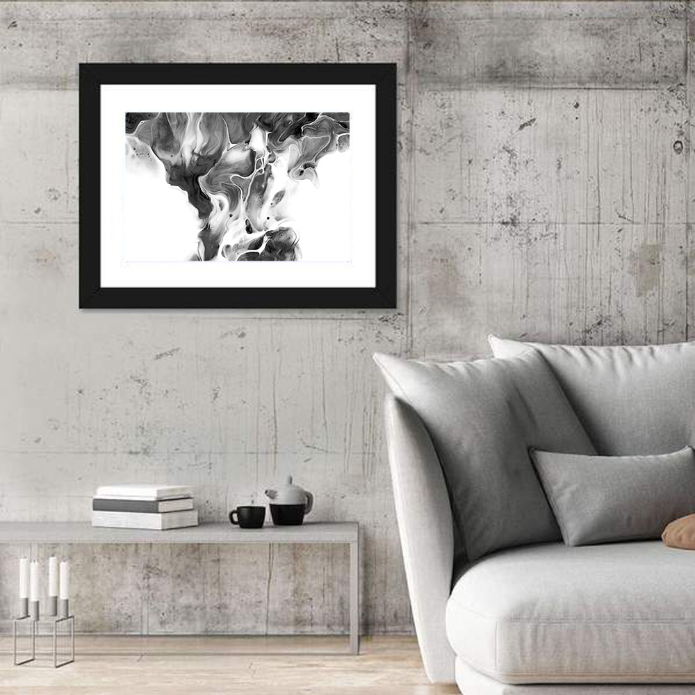 Monochrome Ink Swirl Wall Art in a room, landscape