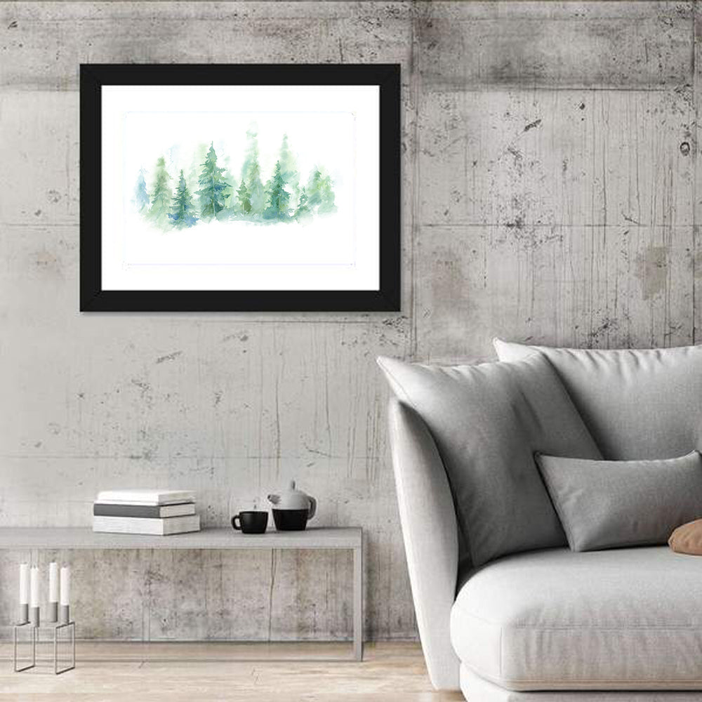Misty Pine Forest Watercolor Wall Art in a room, landscape