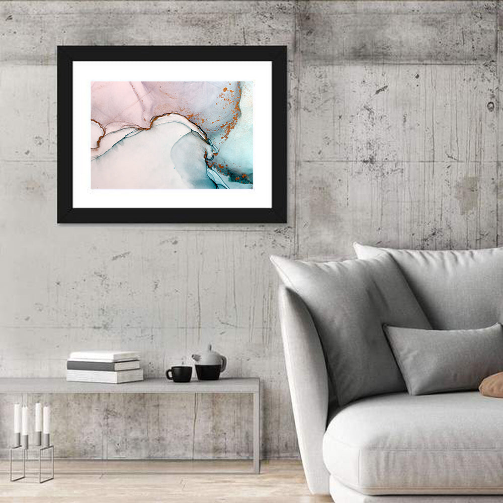 Blue Ink Wash with Gold Accents Wall Art in a room, landscape
