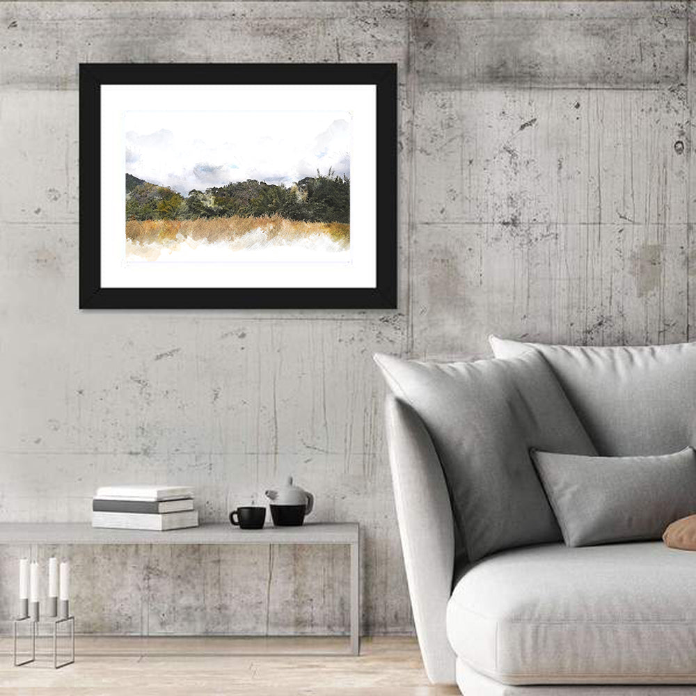 Golden Field Watercolor Illustration Wall Art in a room, landscape
