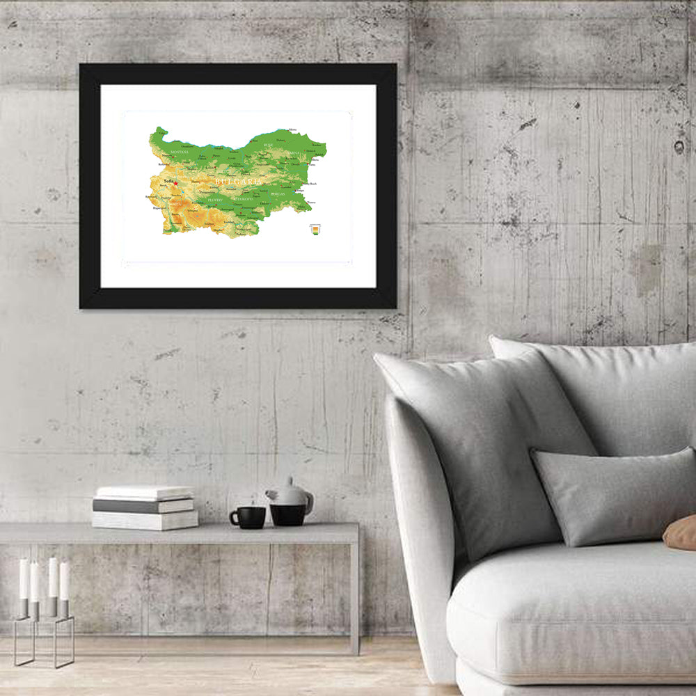 Bulgaria Topographic Map Wall Art in a room, landscape
