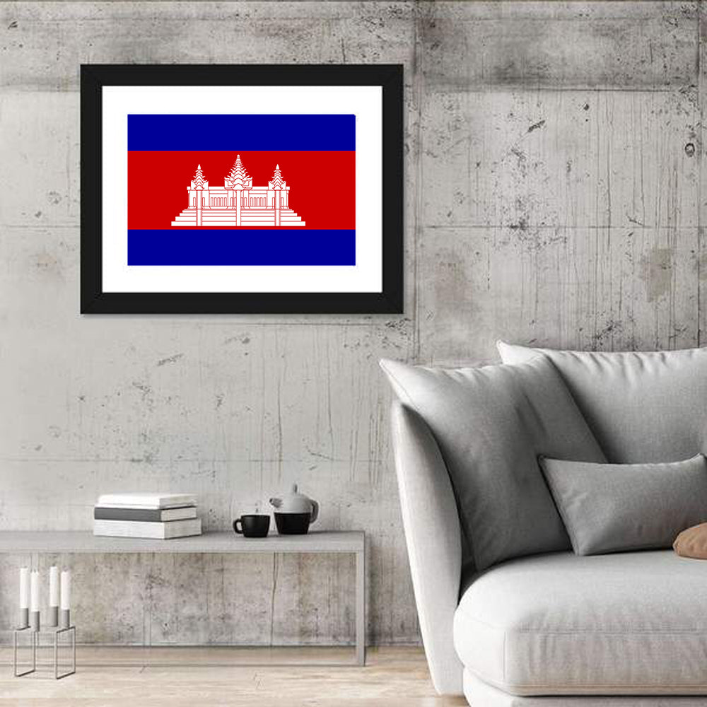Cambodia Flag with Angkor Wat Emblem Wall Art in a room, landscape