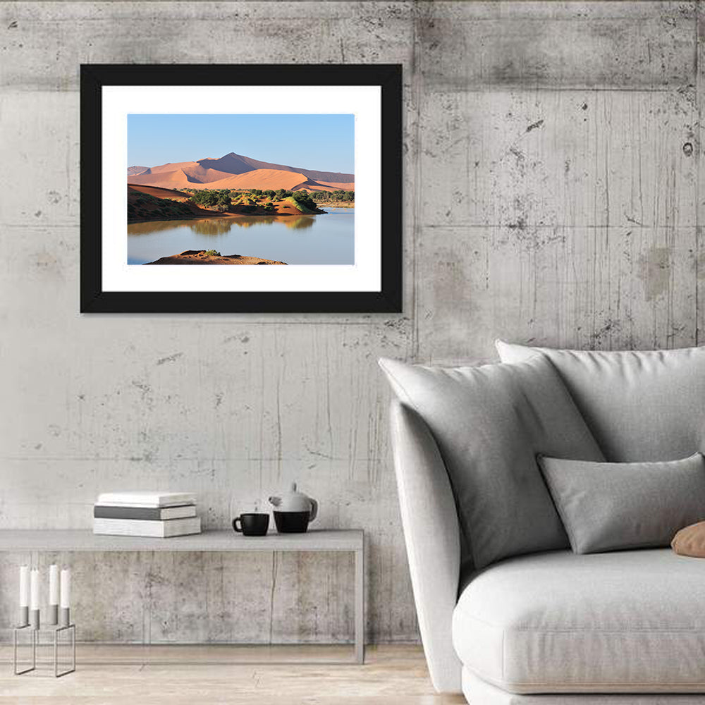 Flooded Sossusvlei Reflection Wall Art in a room, landscape