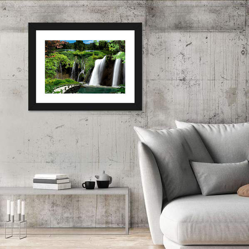 Wooden Bridge and Forest Waterfall Wall Art