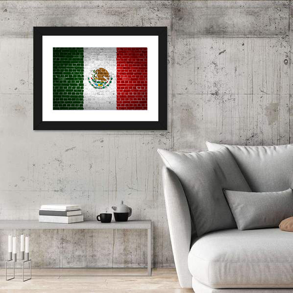 Weathered Mexico Flag with Coat of Arms Wall Art in a room, landscape