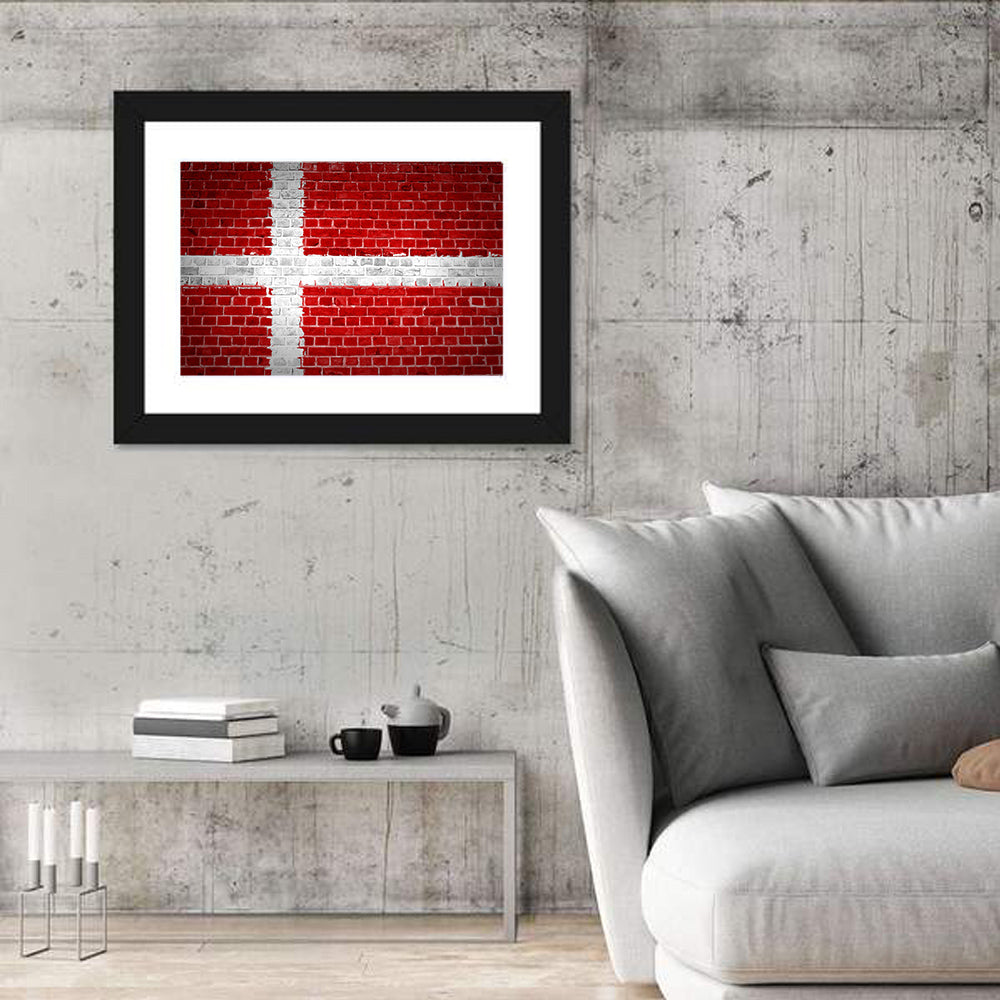 Denmark Flag on Weathered Brick Wall Art in a room, landscape