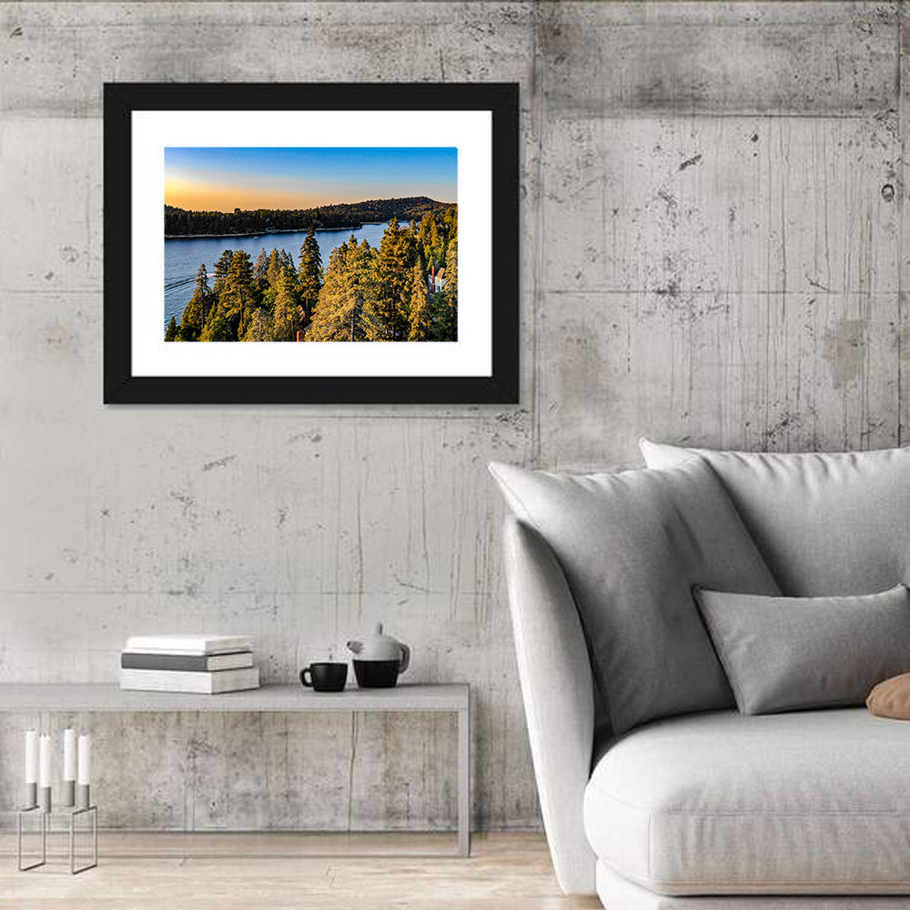Lake Arrowhead Sunset Over Pines Wall Art in a room, landscape