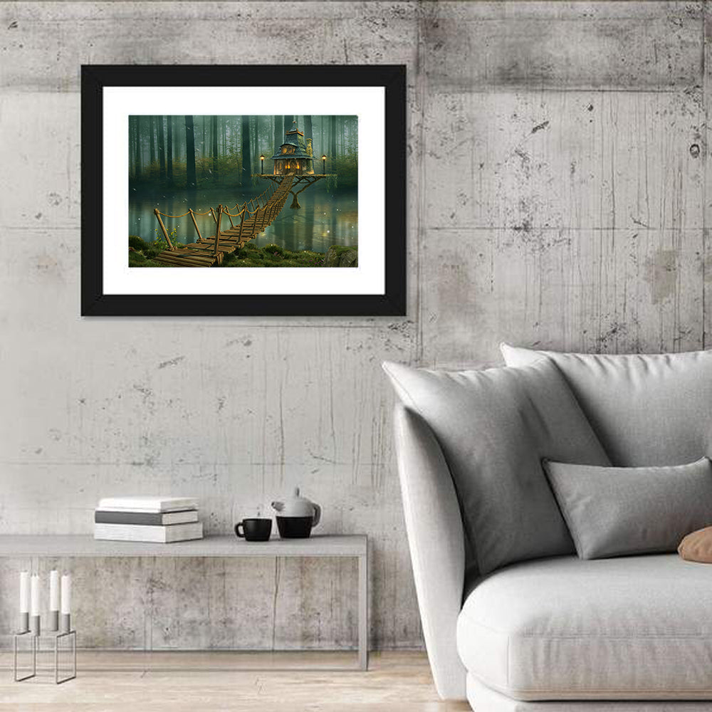Rope Bridge to Misty Fairy House Wall Art in a room, landscape