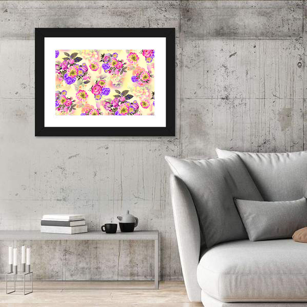 Summer Roses and Iris Pattern Wall Art in a room, landscape