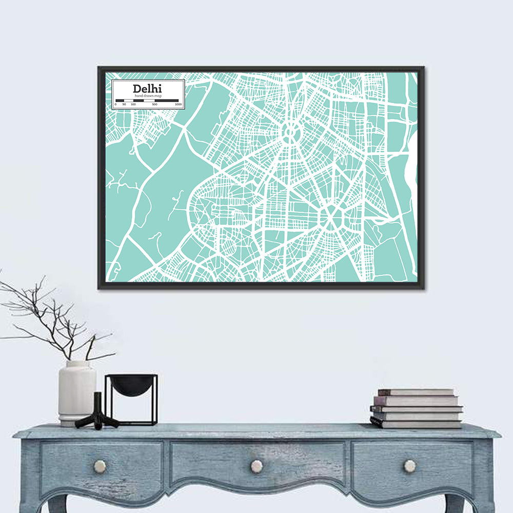 Delhi City Map Wall Art in a room, landscape