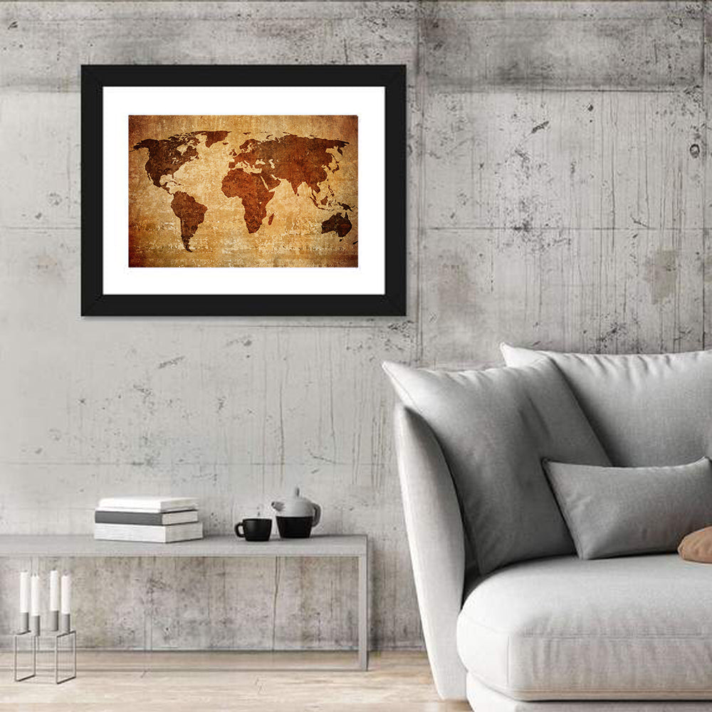 Grunge World Map Wall Art in a room, landscape