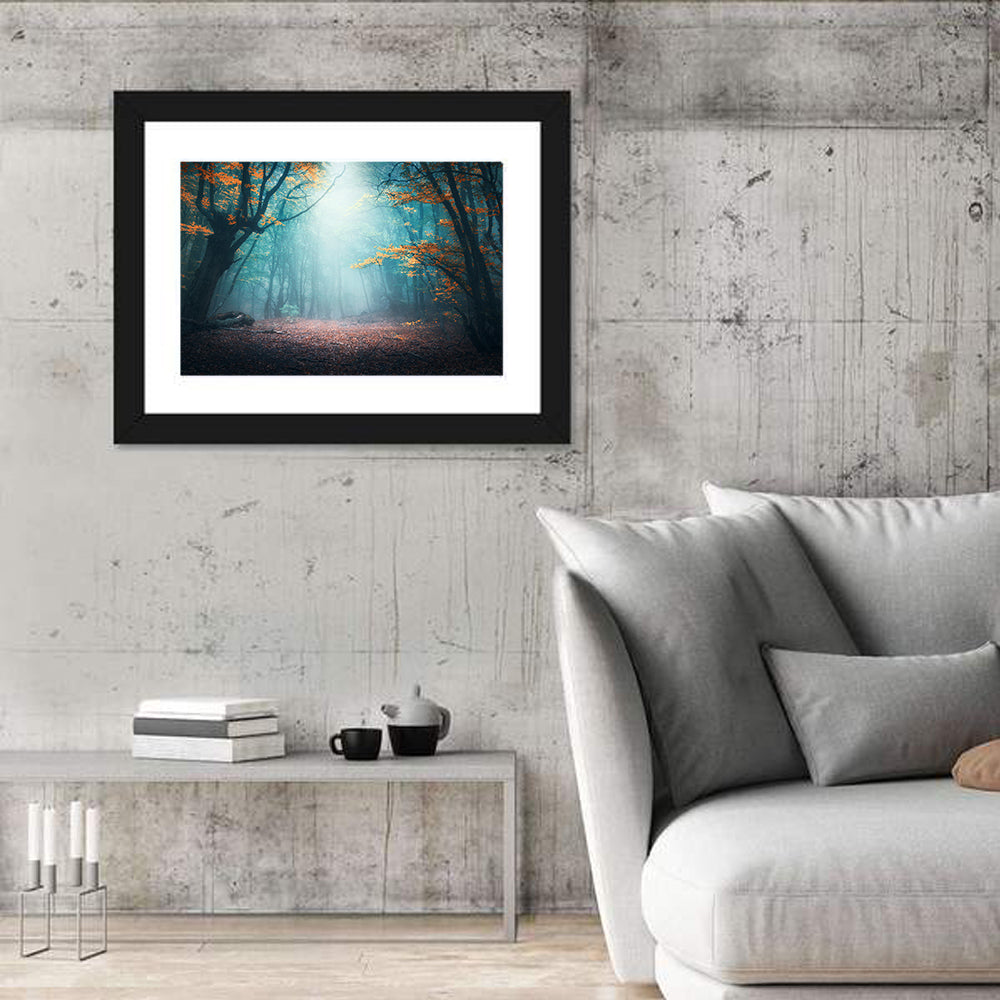 Misty Forest Path with Glowing Light Wall Art in a room, landscape