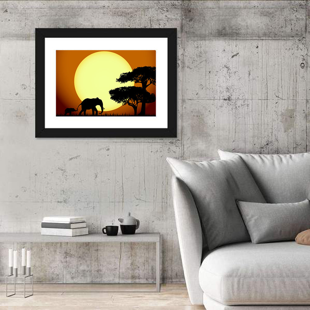 Savanna Sunset Elephants Wall Art in a room, landscape