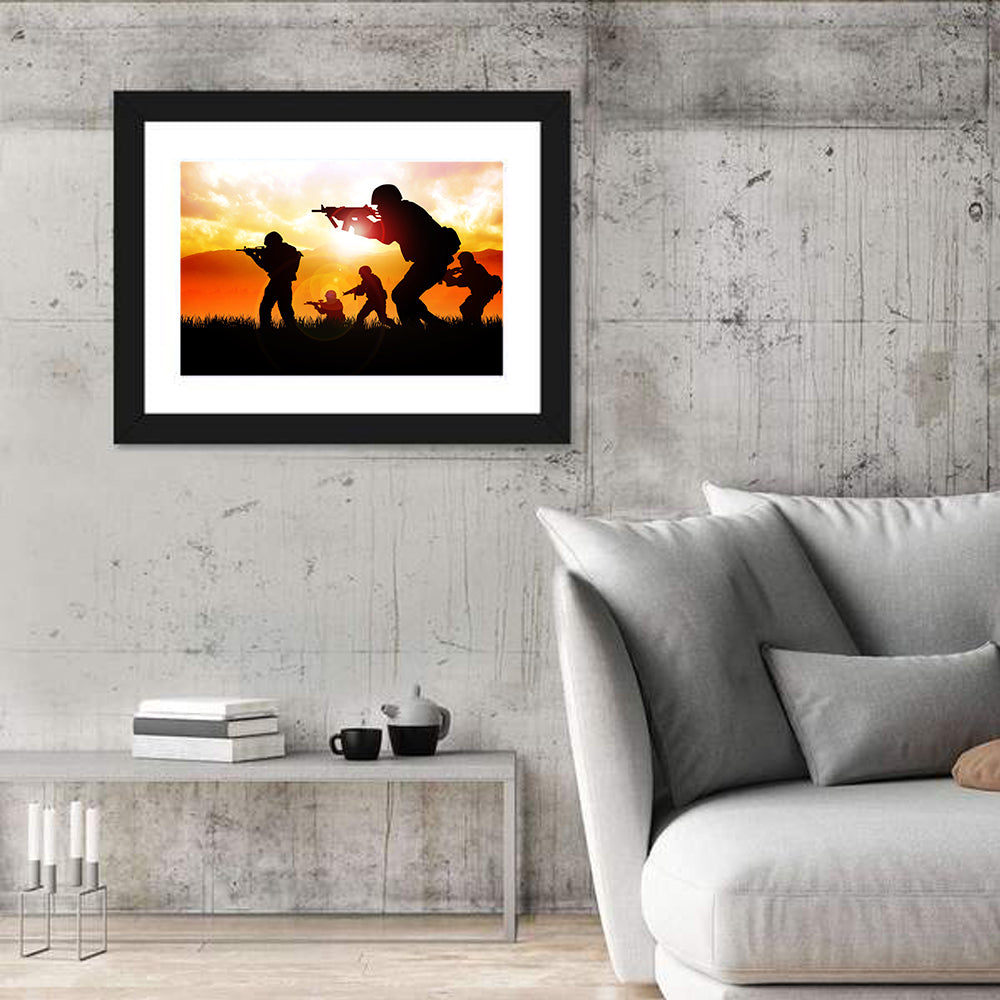 Soldiers Silhouette at Sunrise Wall Art in a room, landscape