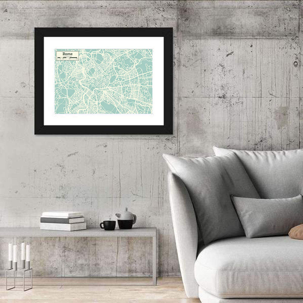 Minimalist Rome Map Wall Art in a room, landscape