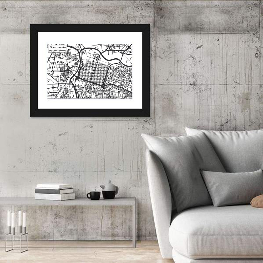 Sacramento Street Grid Map Wall Art in a room, landscape