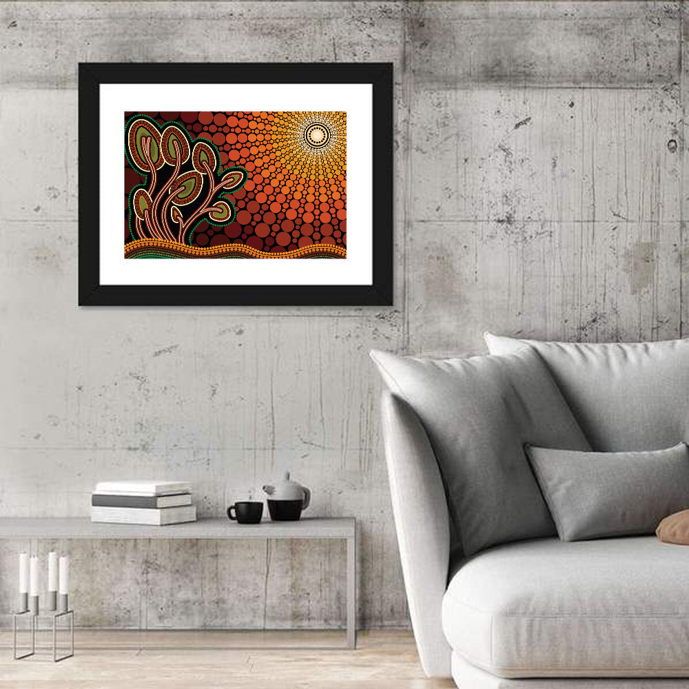 Pointillist Tree on Sunset Hill Wall Art in a room, landscape