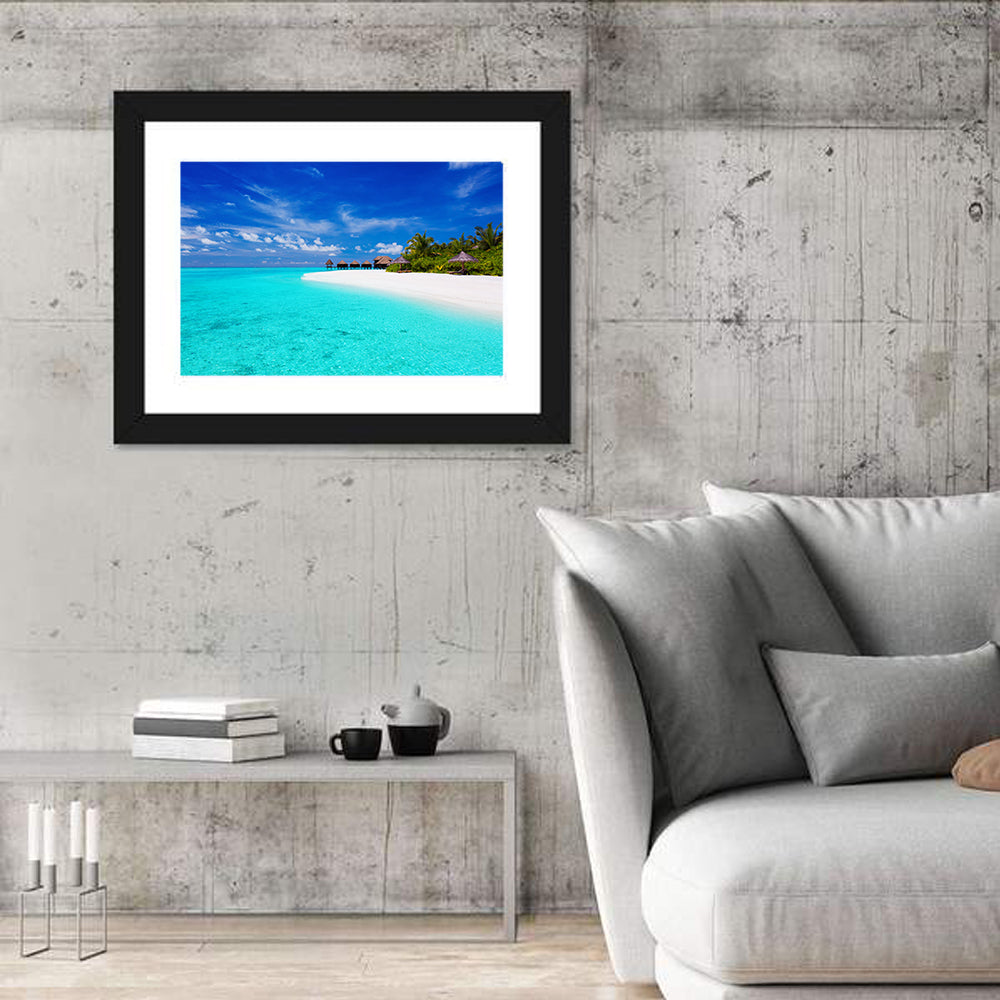 Turquoise Island with Water Bungalows Wall Art in a room, landscape