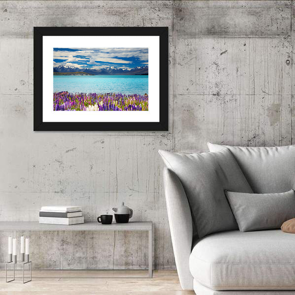 Lake Tekapo Lupines and Mountains Wall Art in a room, landscape