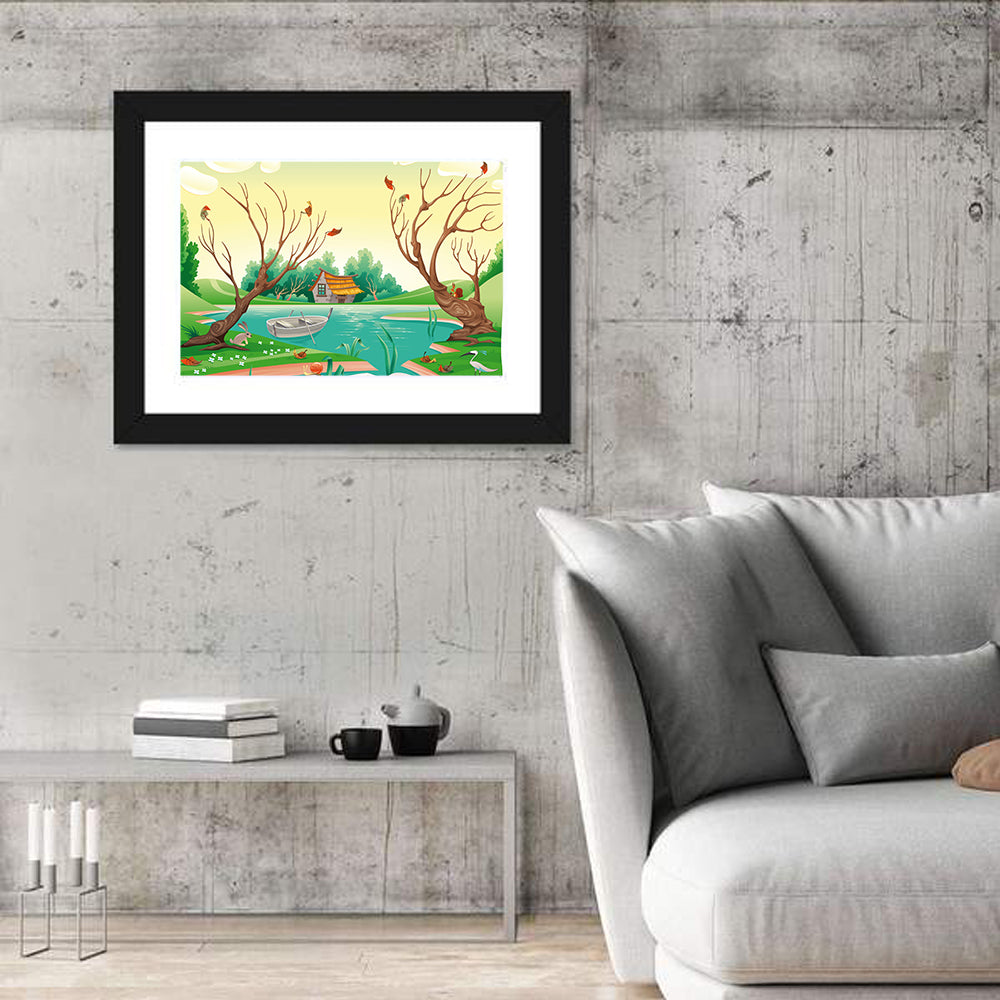 Thatched Village by the Lake Wall Art